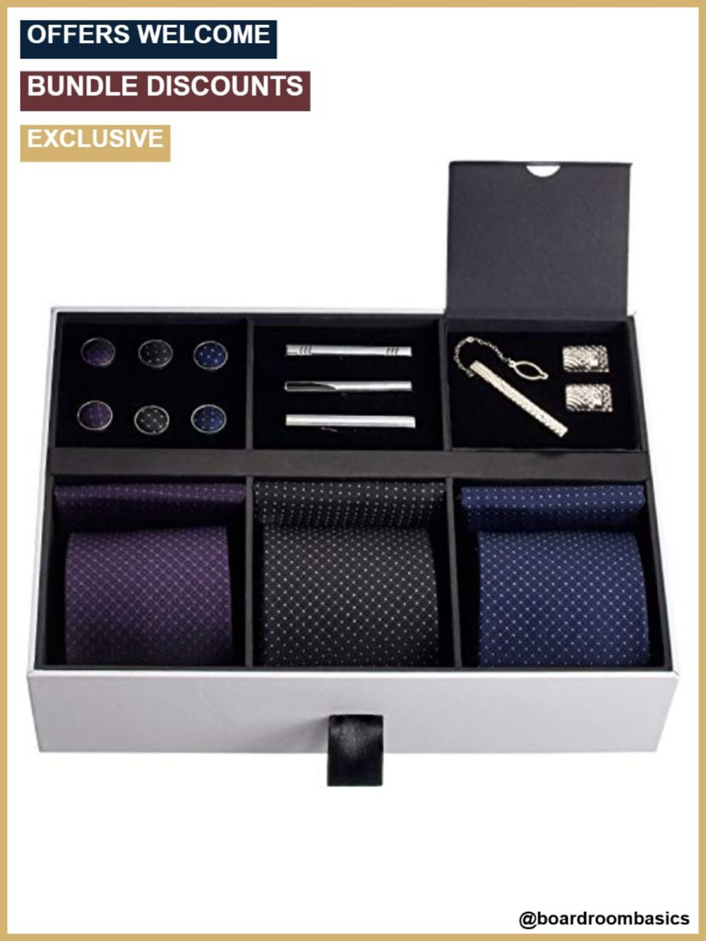 Silky Men's Tie Set with Pocket Squares, Tie Clips & Cufflinks - Formal Gift